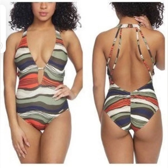Vince Camuto NWT Plunging V-Neck One Piece Multi-Colored Swimsuit in Bonsai 12 - Picture 1 of 12